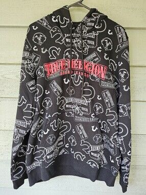 True Religion Men's L Buddha & World Tour Ticket Allover Print Hooded Pullover